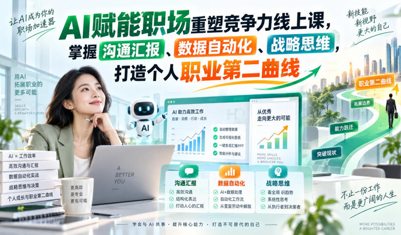 AI赋能职场重塑竞争力线上课，掌握沟通汇报、数据自动化、战略思维，打造个人职业第二曲线-韬哥副业项目资源网