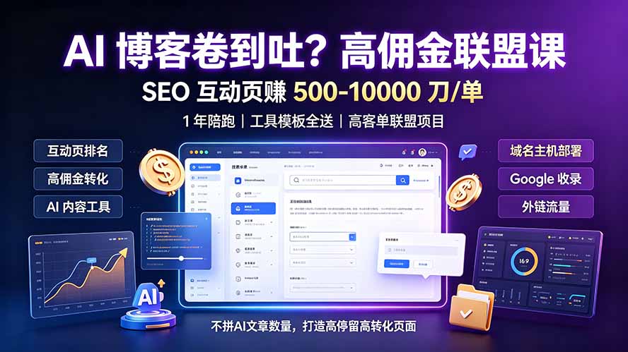 AI 博客卷到吐?高佣金联盟课:SEO 互动页赚 500-10000 刀 单,1 年陪跑 + 工具模板全送-韬哥副业项目资源网