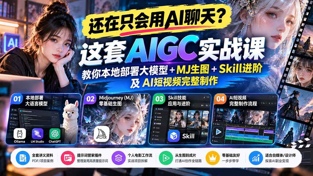 (21135期)【无水印】还在只会用AI聊天?这套AIGC实战课教你本地部署大模型+MJ生图+Skill进阶及AI短视频完整制作 (21135期)【无水印】还在只会用AI聊天?这套AIGC实战课教你本地部署大模型+MJ生图+Skill进阶及AI短视频完整制作