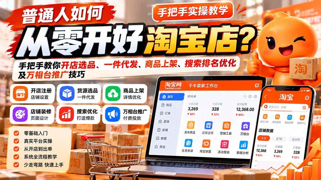 （21265期）普通人如何从零开好淘宝店？手把手教你开店选品、一件代发、商品上架、搜索排名优化及万相台推广技巧-韬哥副业项目资源网