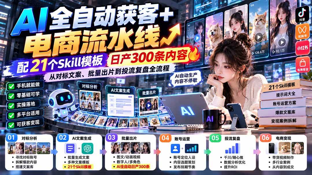 （20664期）AI全自动获客+电商流水线：配21个Skill模板，日产300条内容，从对标文案、批量出片到投流复盘全流程-韬哥副业项目资源网