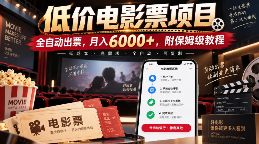 低价电影票项目,全自动出票,月入6000+,附保姆级教程【揭秘】-韬哥副业项目资源网