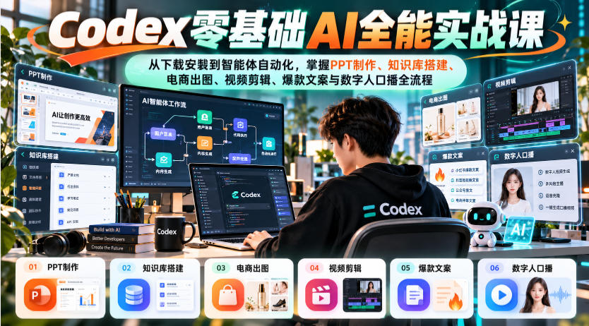 Codex零基础AI全能实战课：从下载安装到智能体自动化，掌握知识库搭建、电商出图、视频剪辑、爆款文案与数字人口播全流程-韬哥副业项目资源网