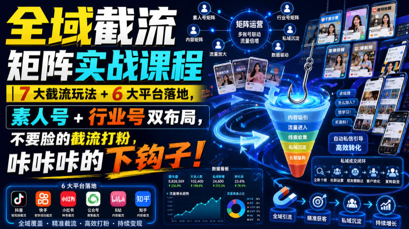 全域截流矩阵实战课程｜7大截流玩法+6大平台落地，素人号+行业号双布局，不要脸的截流打粉，咔咔咔的下钩子！-韬哥副业项目资源网
