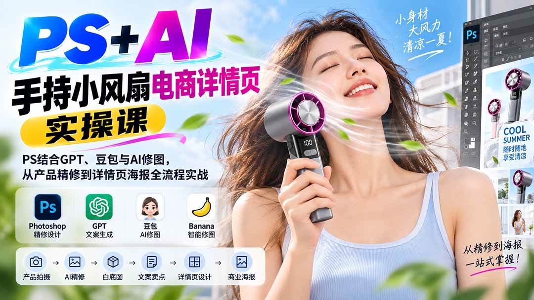 （20273期）PS+AI手持小风扇电商详情页实操课：PS结合GPT、豆包与AI修图，从产品精修到详情页海报全流程实战-韬哥副业项目资源网