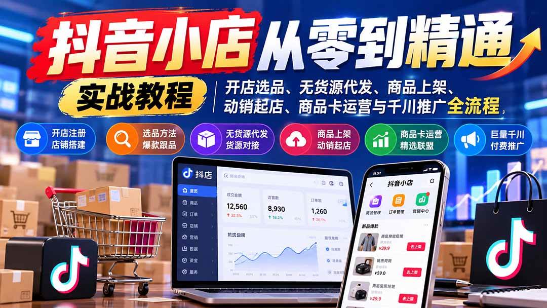 （21264期）抖音小店从零到精通实战教程：开店选品、无货源代发、商品上架、动销起店、商品卡运营与千川推广全流程-韬哥副业项目资源网