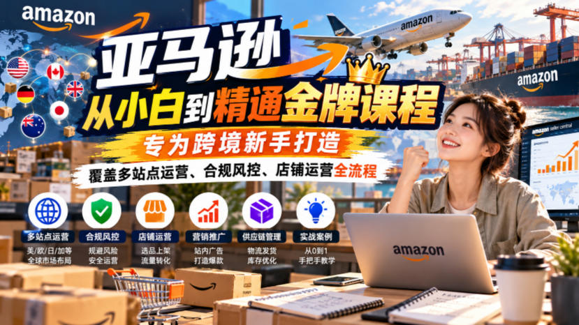 亚马逊从小白到精通金牌课程，专为跨境新手打造，覆盖多站点运营、合规风控、店铺运营全流程-韬哥副业项目资源网