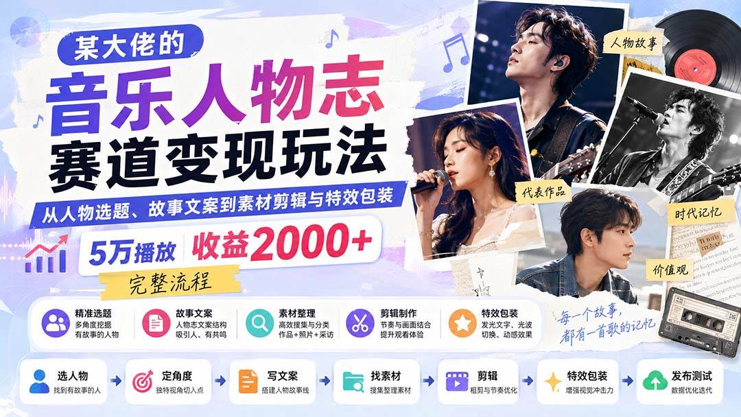 (20121期)某大佬的音乐人物志赛道变现玩法:从人物选题、故事文案到素材剪辑与特效包装,5万播放收益2000+完整流程-韬哥副业项目资源网