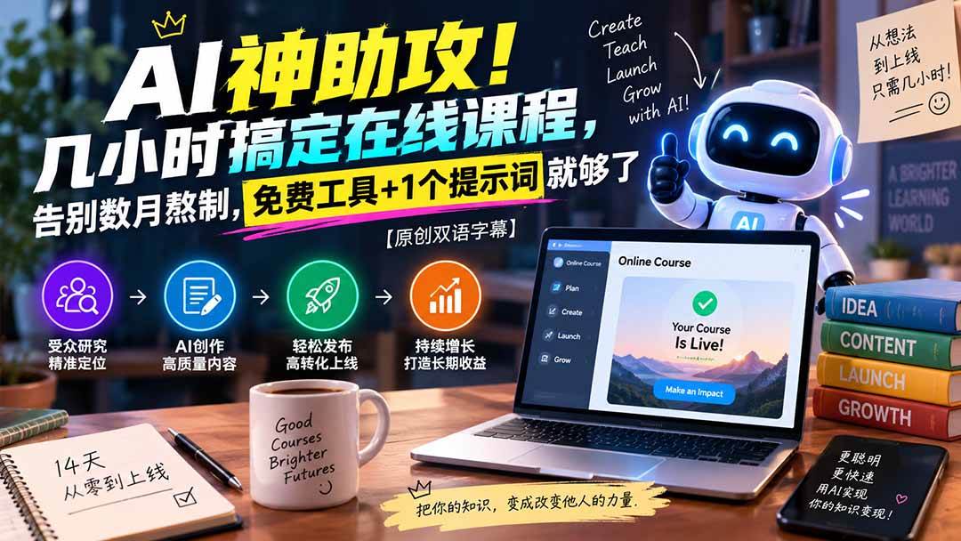 （20528期）AI神助攻！几小时搞定在线课程，告别数月熬制，免费工具+1个提示词就够了【原创双语字幕】-韬哥副业项目资源网