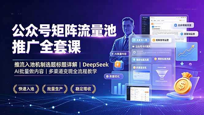 公众号矩阵流量池推广全套课,推流入池机制选题标题详解,DeepSeek AI批量做内容,多渠道变现全流程教学-韬哥副业项目资源网