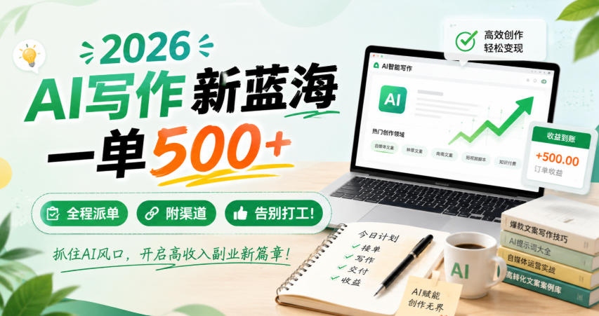 2026 AI写作新蓝海,一单500+,全程派单,附渠道,告别打工!【揭秘】-韬哥副业项目资源网
