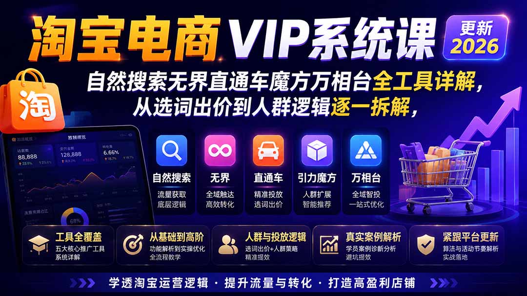 淘宝电商VIP系统课-更新8月;自然搜索无界直通车魔方万相台全工具详解,从选词出价到人群逻辑逐一拆解-韬哥副业项目资源网