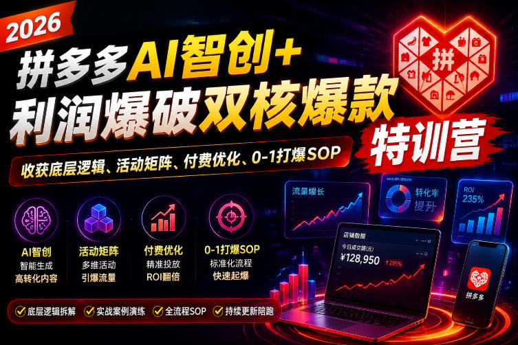 2026拼多多AI智创+利润爆破双核爆款特训营，收获底层逻辑、活动矩阵、付费优化、0-1打爆SOP(更新0727)-韬哥副业项目资源网