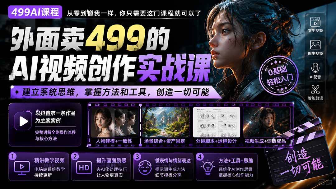 （20307期）外面卖499的AI视频创作实战课：建立系统思维，掌握方法和工具，创造一切可能。-韬哥副业项目资源网