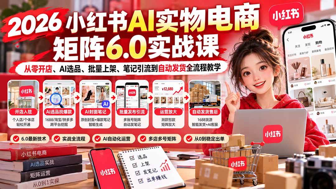 （21274期）2026小红书AI实物电商矩阵6.0实战课：从零开店、AI选品、批量上架、笔记引流到自动发货全流程教学-韬哥副业项目资源网
