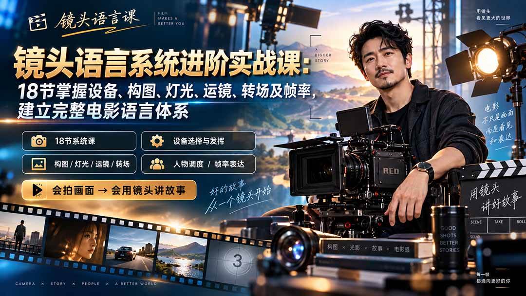 (20434期)镜头语言系统进阶实战课:18节掌握设备、构图、灯光、运镜、转场及帧率,建立完整电影语言体系-韬哥副业项目资源网