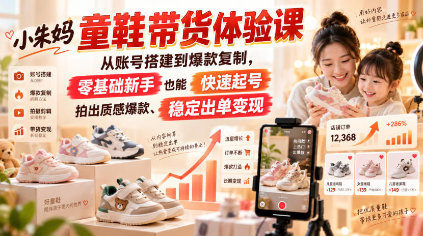 小朱妈童鞋带货体验课，从账号搭建到爆款复制，零基础新手也能快速起号、拍出质感爆款、稳定出单变现-韬哥副业项目资源网