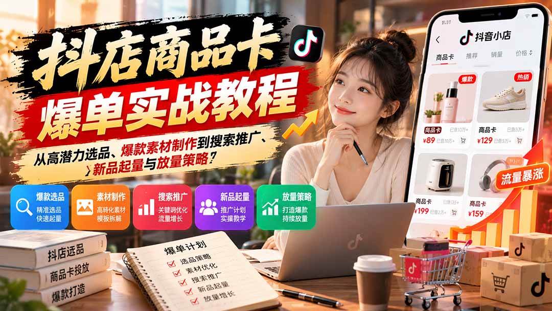 (21148期)抖店商品卡爆单实战教程:从高潜力选品、爆款素材制作到搜索推广、新品起量与放量策略-韬哥副业项目资源网