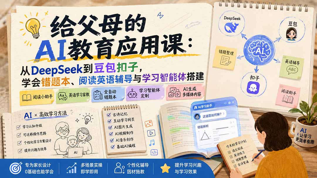 给父母的AI教育应用课：从DeepSeek到豆包扣子，学会错题本、阅读英语辅导与学习智能体搭建-韬哥副业项目资源网