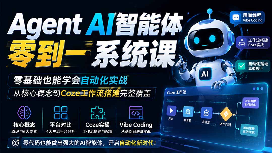 Agent AI智能体零到一系统课；零基础也能学会自动化实战，从核心概念到Coze工作流搭建完整覆盖-韬哥副业项目资源网