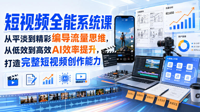 短视频全能系统课，从平淡到精彩编导流量思维，从低效到高效AI效率提升，打造完整短视频创作能力（2026年8月30更新233集）-韬哥副业项目资源网
