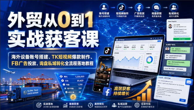 外贸从0到1实战获客课|海外设备账号搭建、TK短视频爆款制作、FB广告投放、询盘私域转化全流程落地教程-韬哥副业项目资源网