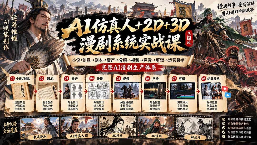 （20685期）AI仿真人+2D+3D漫剧系统实战课：小说/创意→剧本→资产→分镜→视频→声音→剪辑→运营接单，完整AI漫剧生产体系-韬哥副业项目资源网
