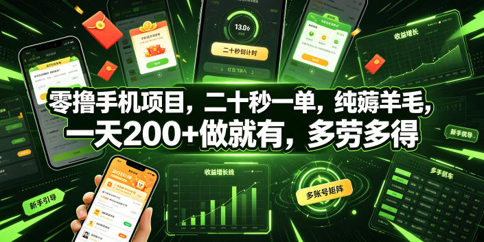 零撸手机项目，二十秒一单，纯薅羊毛，一天200+做就有，多劳多得【揭秘】-韬哥副业项目资源网