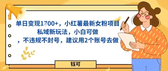 单日变现多张，小红薯最新女粉项目私域新玩法，小白可做，不违规不封号，建议用2个账号去做-韬哥副业项目资源网