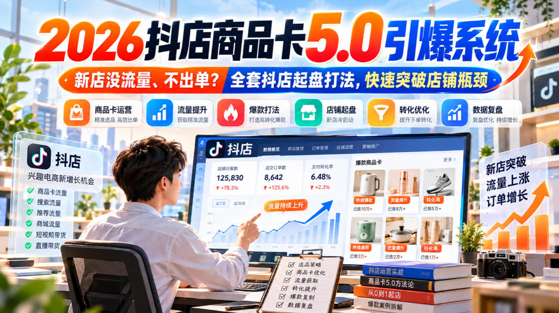 2026抖店商品卡5.0引爆店铺流量，新店没流量、不出单？全套抖店起盘打法，快速突破店铺瓶颈-韬哥副业项目资源网