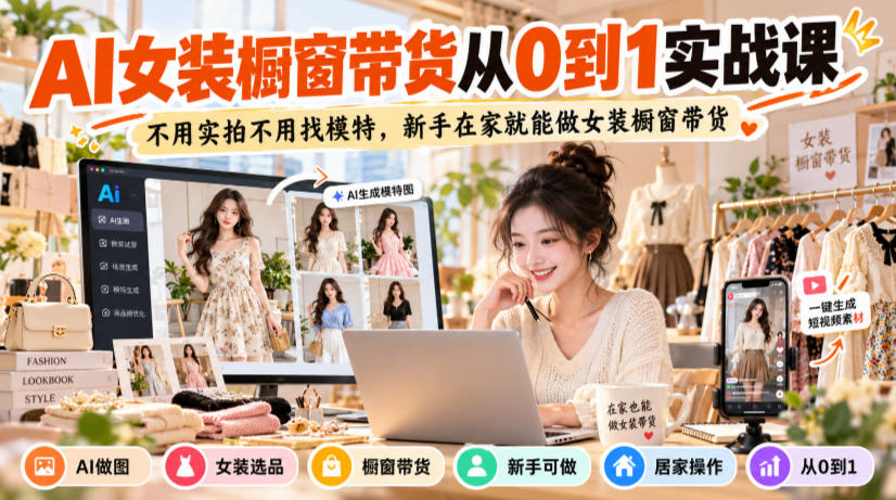 AI女装橱窗带货从0到1实战课，不用实拍不用找模特，新手在家就能做女装橱窗带货-韬哥副业项目资源网