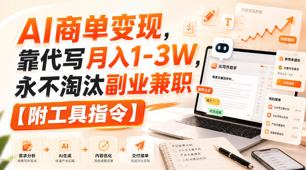 AI商单变现，靠代写月入1-3W，永不淘汰副业兼职【附工具指令】【揭秘】-韬哥副业项目资源网