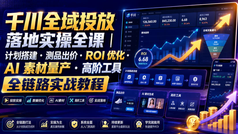 千川全域投放落地实操全课｜计划搭建・测品出价・ROI优化・AI素材量产・高阶工具全链路实战教程-韬哥副业项目资源网