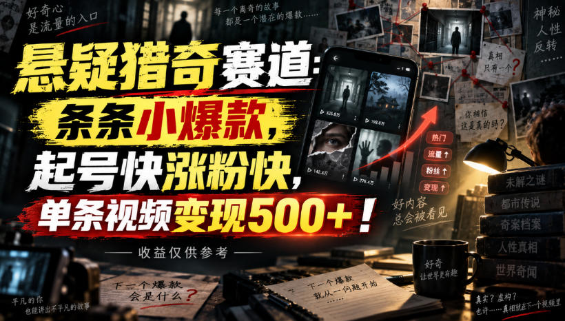 悬疑猎奇赛道：条条小爆款，起号快涨粉快，单条视频变现500+！收益仅供参考-韬哥副业项目资源网
