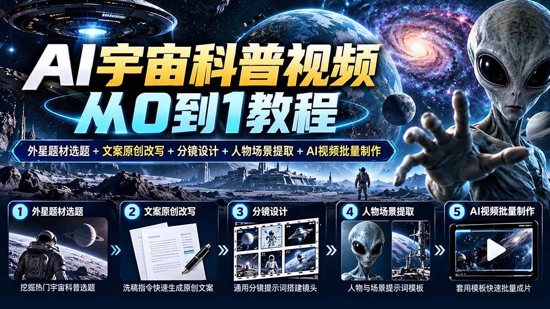 （20774期）AI宇宙科普视频从0到1教程｜外星题材选题+文案原创改写+分镜设计+人物场景提取+AI视频批量制作-韬哥副业项目资源网