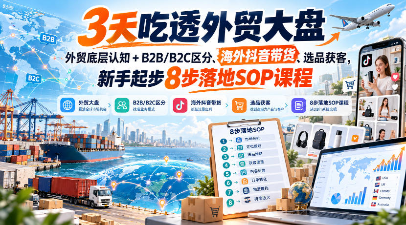 3天吃透外贸大盘,外贸底层认知+B2B/B2C区分、海外抖音带货、选品获客,新手起步8步落地SOP课程-韬哥副业项目资源网