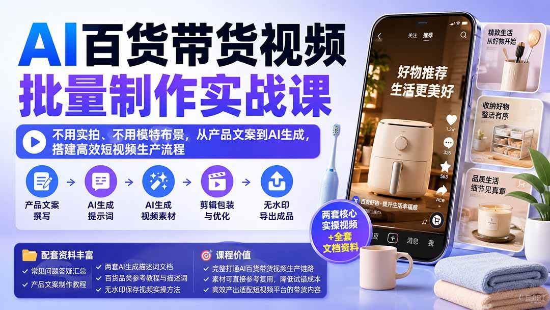 （20179期）AI百货带货视频批量制作实战课：不用实拍、不用模特布景，从产品文案到AI生成，搭建高效短视频生产流程-韬哥副业项目资源网