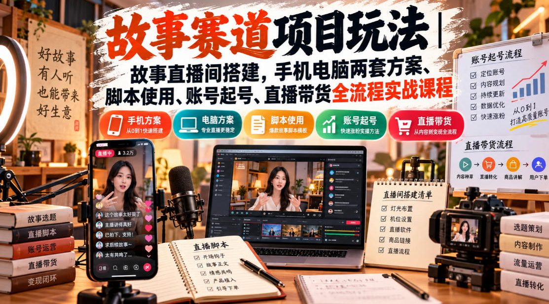 故事赛道项目玩法|故事直播间搭建,手机电脑两套方案、脚本使用、账号起号、直播带货全流程实战课程-韬哥副业项目资源网