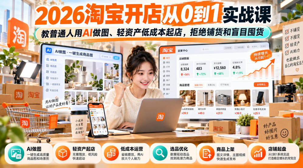 2026淘宝开店从0到1实战课，教普通人用AI做图、轻资产低成本起店，拒绝铺货和盲目囤货-韬哥副业项目资源网