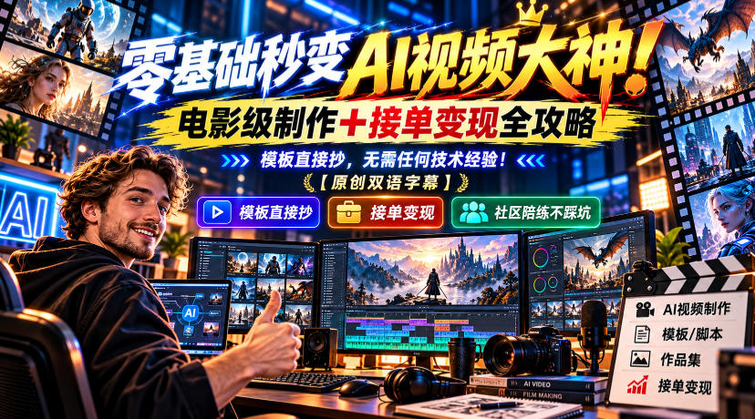 零基础秒变AI视频大神!电影级制作+接单变现全攻略,模板直接抄,无需任何技术经验!【原创双语字幕】-韬哥副业项目资源网