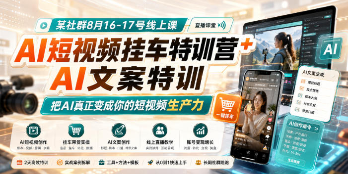 某社群8月16-17号线上课,AI短视频挂车特训营+AI文案特训,把AI真正变成你的短视频生产力 某社群8月16-17号线上课,AI短视频挂车特训营+AI文案特训,把AI真正变成你的短视频生产力