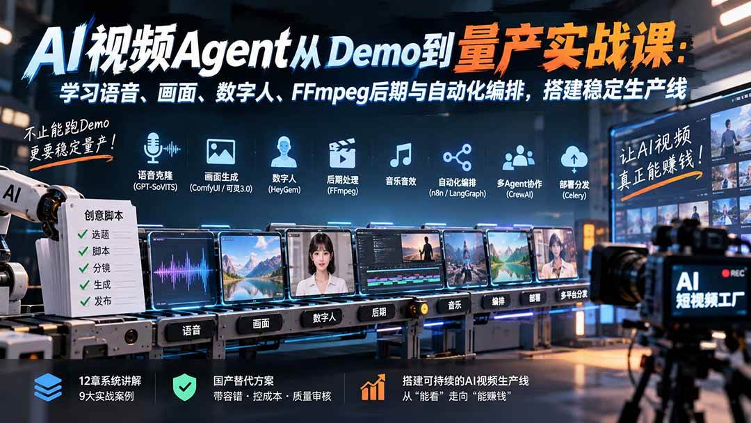 （20451期）AI视频Agent从Demo到量产实战课：学习语音、画面、数字人、FFmpeg后期与自动化编排，搭建稳定生产线-韬哥副业项目资源网