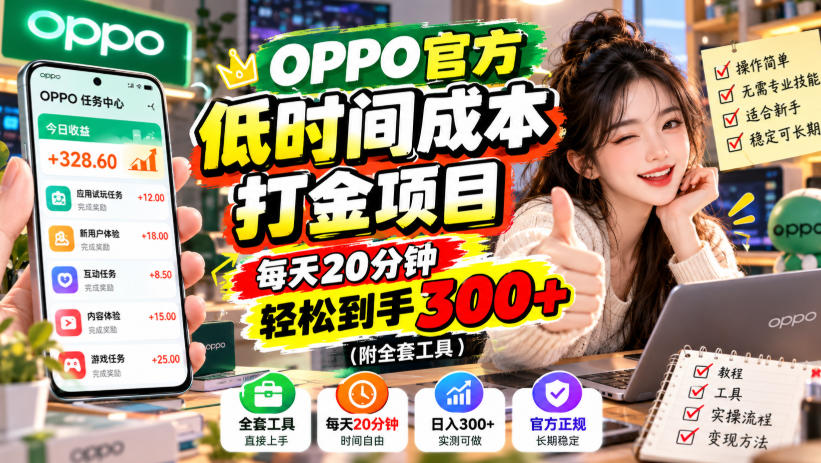 OPPO官方低时间成本打金项目，每天20分钟，轻松到手300+（附全套工具）【揭秘】-韬哥副业项目资源网