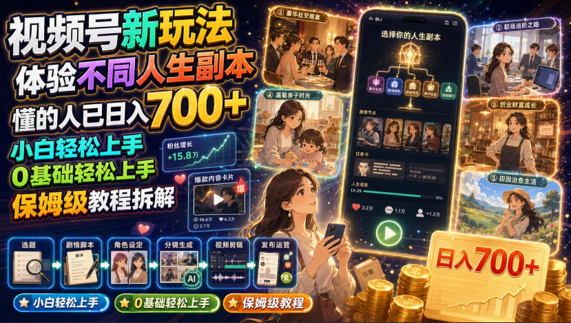 视频号新玩法体验不同人生副本，懂的人已日入700+，小白轻松上手，0基础轻松上手，保姆级教程拆解-韬哥副业项目资源网
