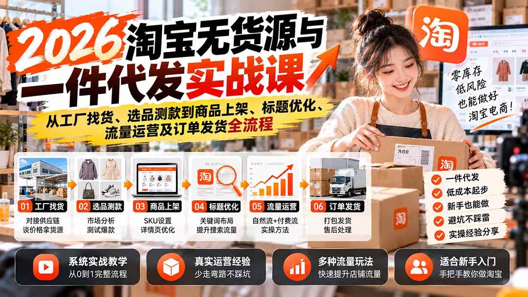 (20903期)2026淘宝无货源与一件代发实战课:从工厂找货、选品测款到商品上架、标题优化、流量运营及订单发货全流程 (20903期)2026淘宝无货源与一件代发实战课:从工厂找货、选品测款到商品上架、标题优化、流量运营及订单发货全流程