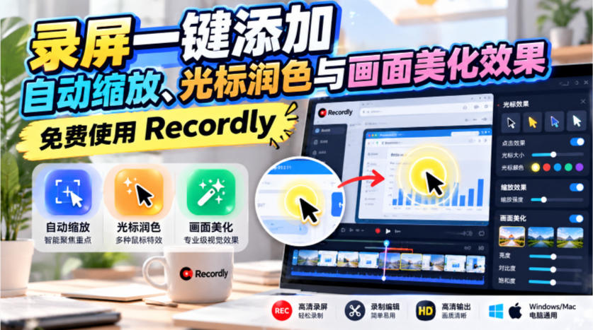 录屏一键添加自动缩放、光标润色与画面美化效果，免费使用Recordly-韬哥副业项目资源网