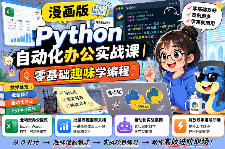 漫画版Python自动化办公实战课｜零基础趣味学编程，全场景办公提效、批量搞定报表文档、解放双手进阶职场-韬哥副业项目资源网