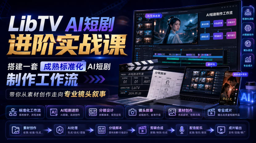 LibTV AI短剧进阶实战课，搭建一套成熟标准化AI短剧制作工作流，带你从素材创作走向专业镜头叙事-韬哥副业项目资源网