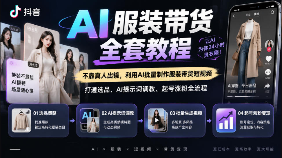 抖音AI服装带货全套教程，不靠真人出镜，利用AI批量制作服装带货短视频，打通选品、AI提示词调教、起号涨粉全流程