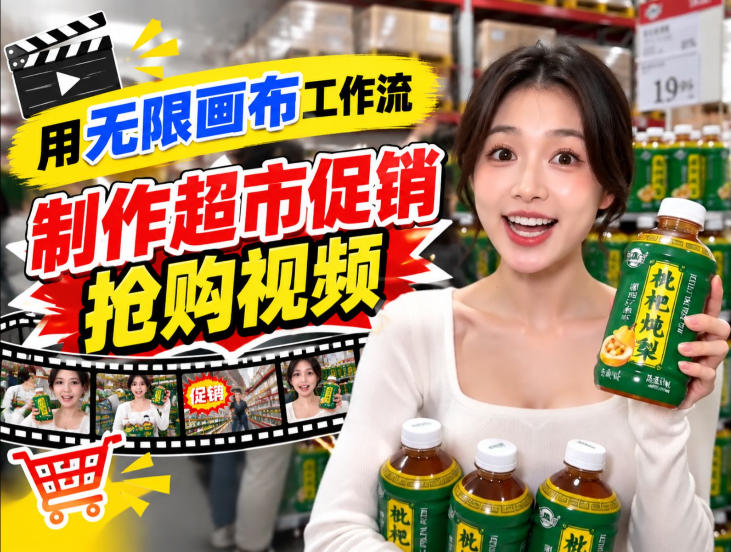 无限画布超市促销抢购视频工作流，一键产出TikTok抖音带货短视频-韬哥副业项目资源网